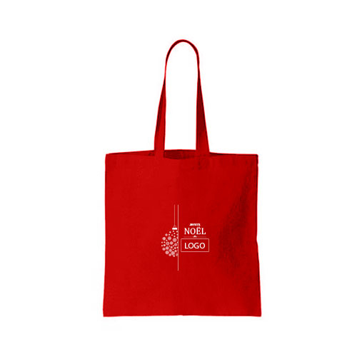 design tote bag boule de noel avec joyeux noel et logo au milieu  couleur rouge et ecrit blanc sur tote bag