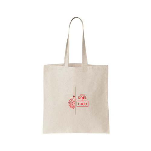 design tote bag boule de noel avec joyeux noel et logo au milieu couleur naturelle et ecrit rouge sur tote bag